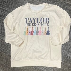 Taylor Swift Cream Sweatshirt w/ Eras Tour locations and guitars SZ S